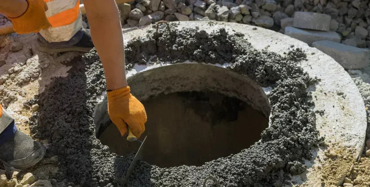 Person using a trowel to smooth cement around an open manhole in an outdoor construction site.