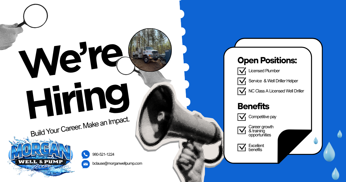 We’re hiring a poster with open positions and a benefits list on a blue-and-white background