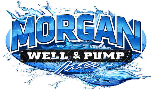 Logo for Morgan Well & Pump Inc. featuring bold blue letters over a background of splashing water.