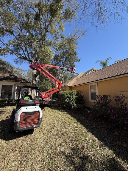 Red boom lift trimming a large tree beside a suburban house on a sunny day