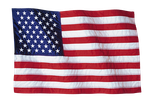 American flag waving, with stars on a blue field and red and white stripes