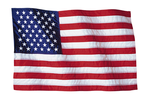 American flag waving, with stars on a blue field and red and white stripes