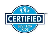 Blue and white “Certified Best for Kids” badge logo with three figures above text