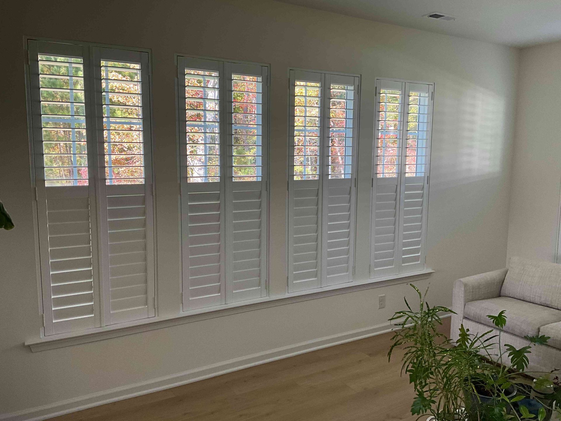 Living room with white plantation shutters, light walls, wood floor, and a white sofa with plants near the window