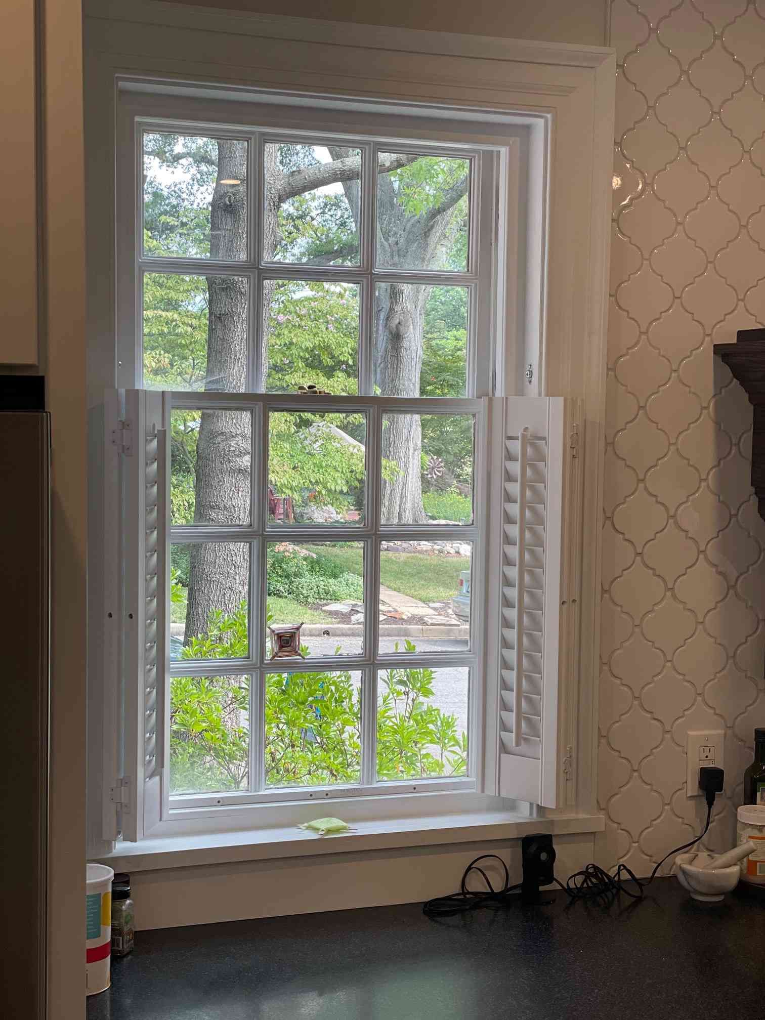 Kitchen window overlooking a green backyard, with white trim and open blinds.