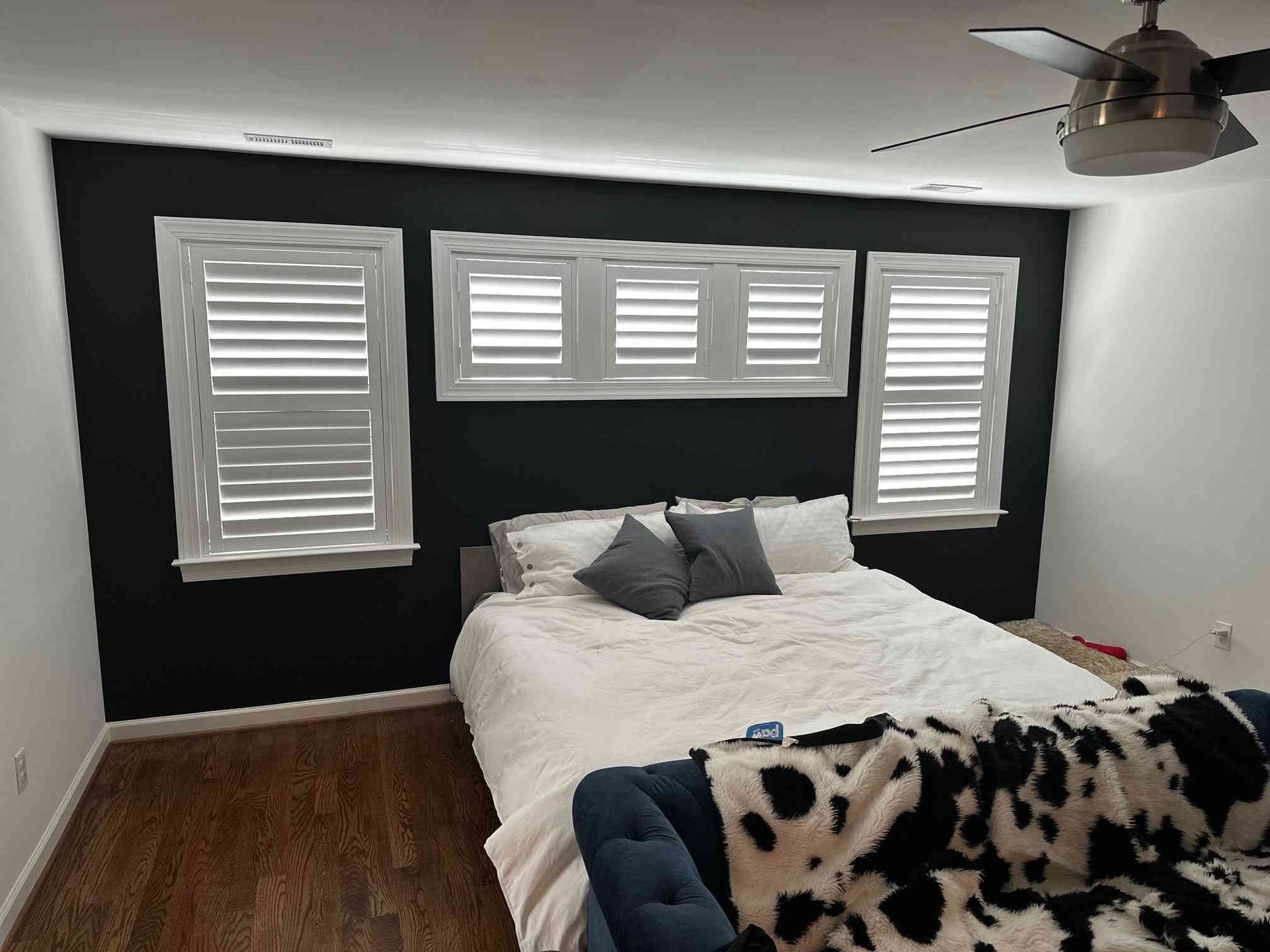 Modern bedroom with a bed, black accent wall, shuttered windows, and a ceiling fan