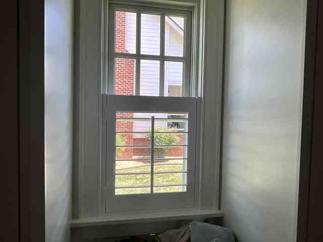 Small window with white trim overlooking a brick building and greenery outside.