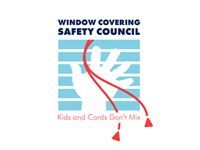 Window covering safety council logo with blue blinds and red cord, “Kids and Cords Don’t Mix” text