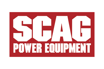 Scag Power Equipment logo in white on a red rectangular background.