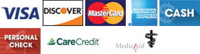 Visa | Discover | MasterCard | American Express | Cash | Personal Check | CareCredit | MedicAid