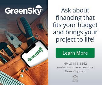 Advertisement for GreenSky home improvement financing. Features tools, phone, and call to action.