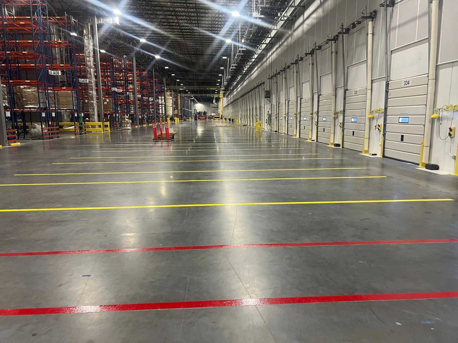 Long warehouse interior with concrete floor, loading dock doors, and high shelves.