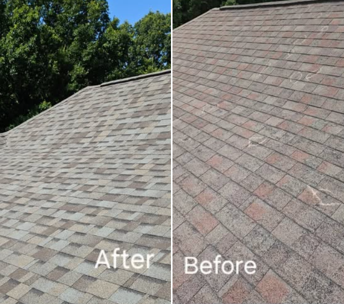 A before-and-after picture of a roof with trees in the background