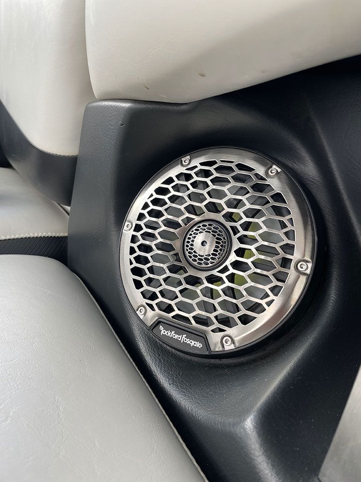 A close up of a speaker on a boat