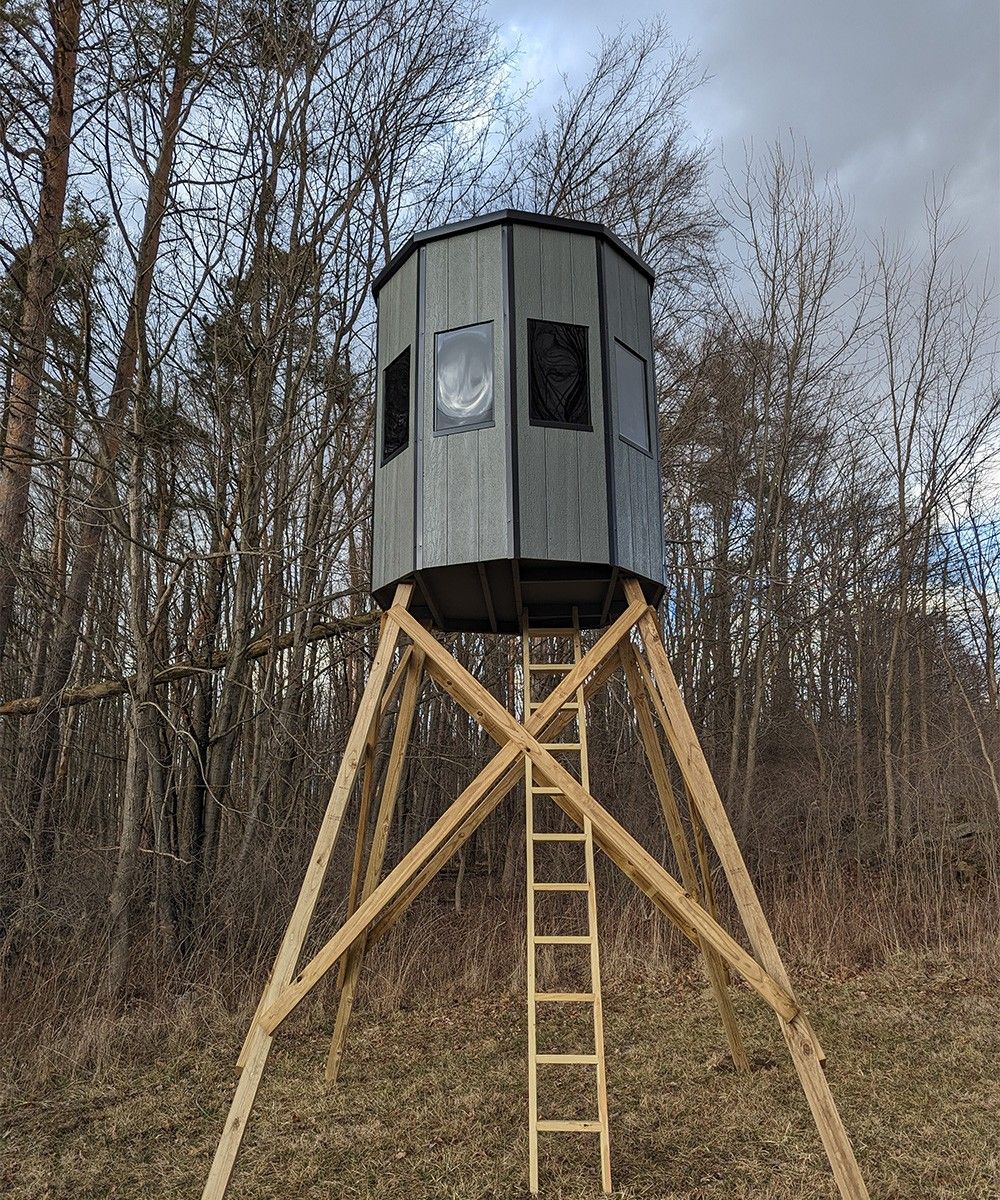 Elevated hunting blind on a wooden frame with a ladder, set in a wooded area under a cloudy sky.