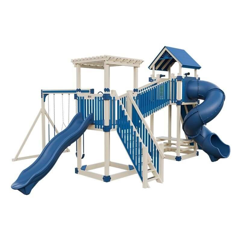 Playground with blue slides, swing set, and a playhouse with a blue roof.
