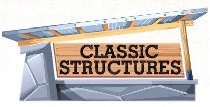Sign for "Classic Structures" with a wooden board, metal roof, and stone base.