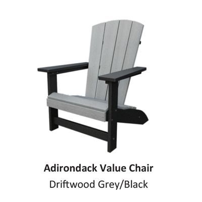 Adirondack chair, driftwood gray and black, outdoor seating.