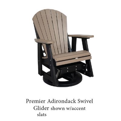 Adirondack swivel glider chair with beige slats and black frame.
