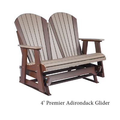 4' Premier Adirondack glider in brown and tan with two seats and armrests.