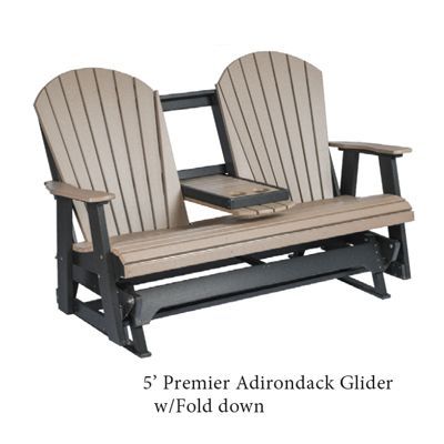 5' Adirondack glider bench with black frame, tan seat, and fold-down center table.
