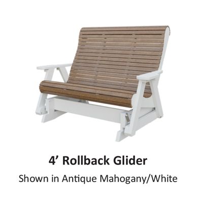 4-foot rollback glider in antique mahogany and white. Wooden slats form the seat and back, mounted on a white frame.