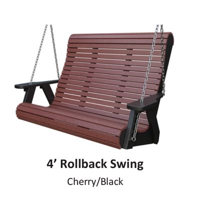 4' rollback swing with cherry-colored seat and black arms, hanging from chains.