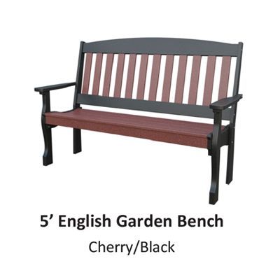 5-foot English garden bench in cherry and black, with a slatted back and seat, and armrests.