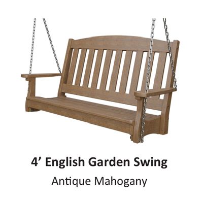 Brown 4' English Garden Swing, hanging from chains, antique mahogany color.