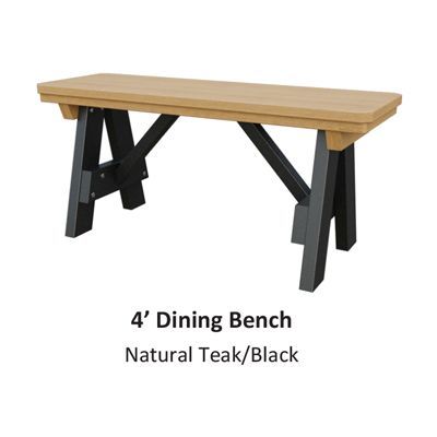 4-foot dining bench, natural teak seat, black trestle legs, outdoor furniture.