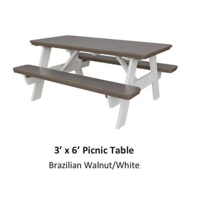3' x 6' picnic table, Brazilian Walnut tabletop and benches, white legs.