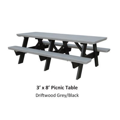 3' x 8' picnic table, driftwood grey top and benches, black legs.