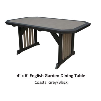 4' x 6' English Garden dining table, Coastal Grey/Black. Rectangular outdoor table with slatted panels.
