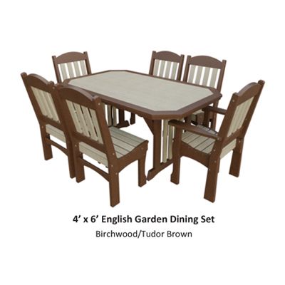 Brown and beige outdoor dining set; table with six chairs.