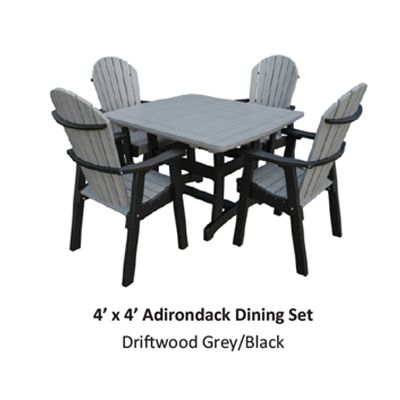 A four-piece outdoor dining set with square table and Adirondack chairs; gray and black color scheme.