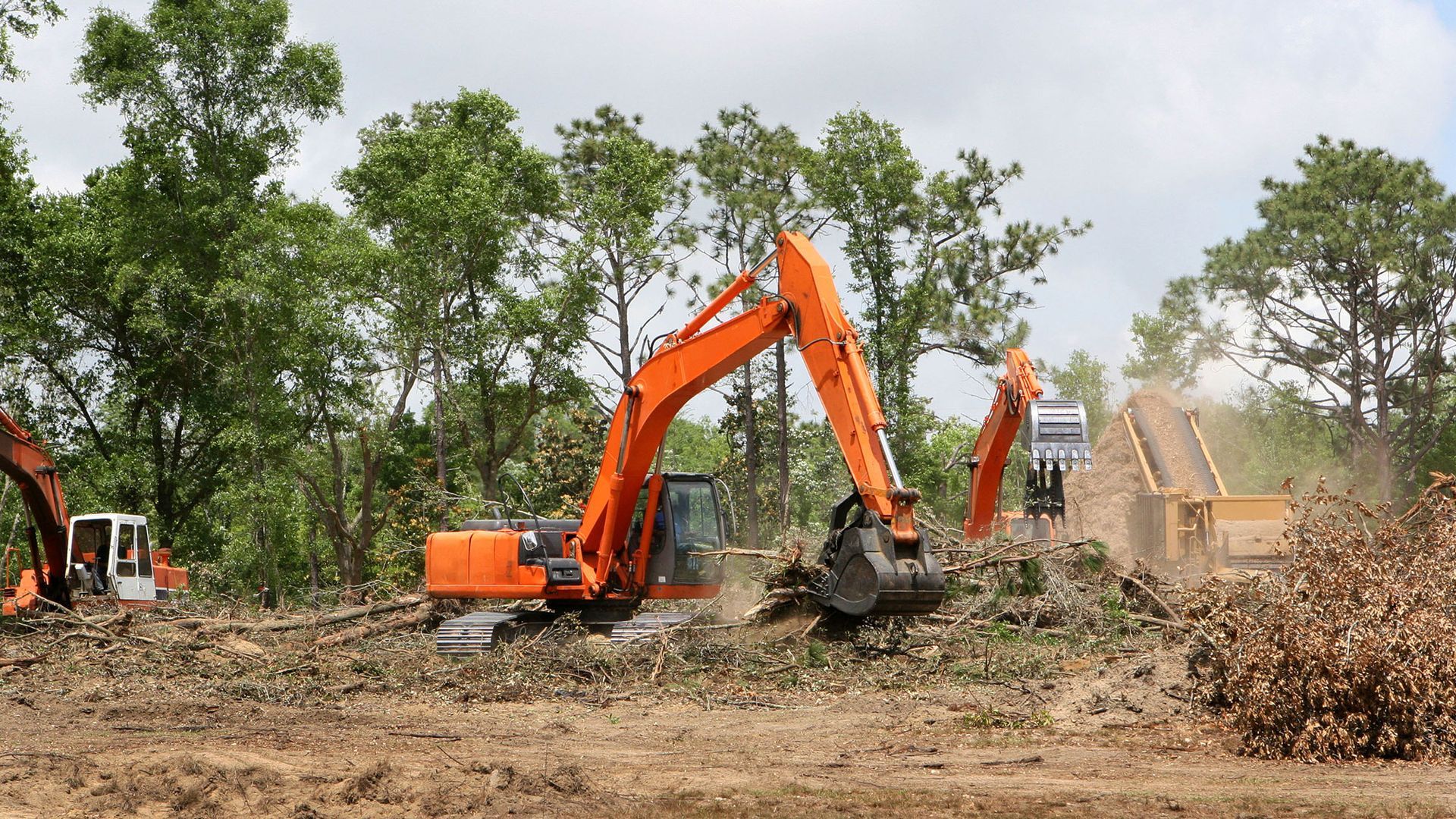 Orange excavator demolishing a structure amid dust and trees on a cleared construction site