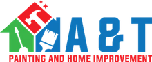 Logo for A & T Painting and Home Improvement with tools inside of a house shape.