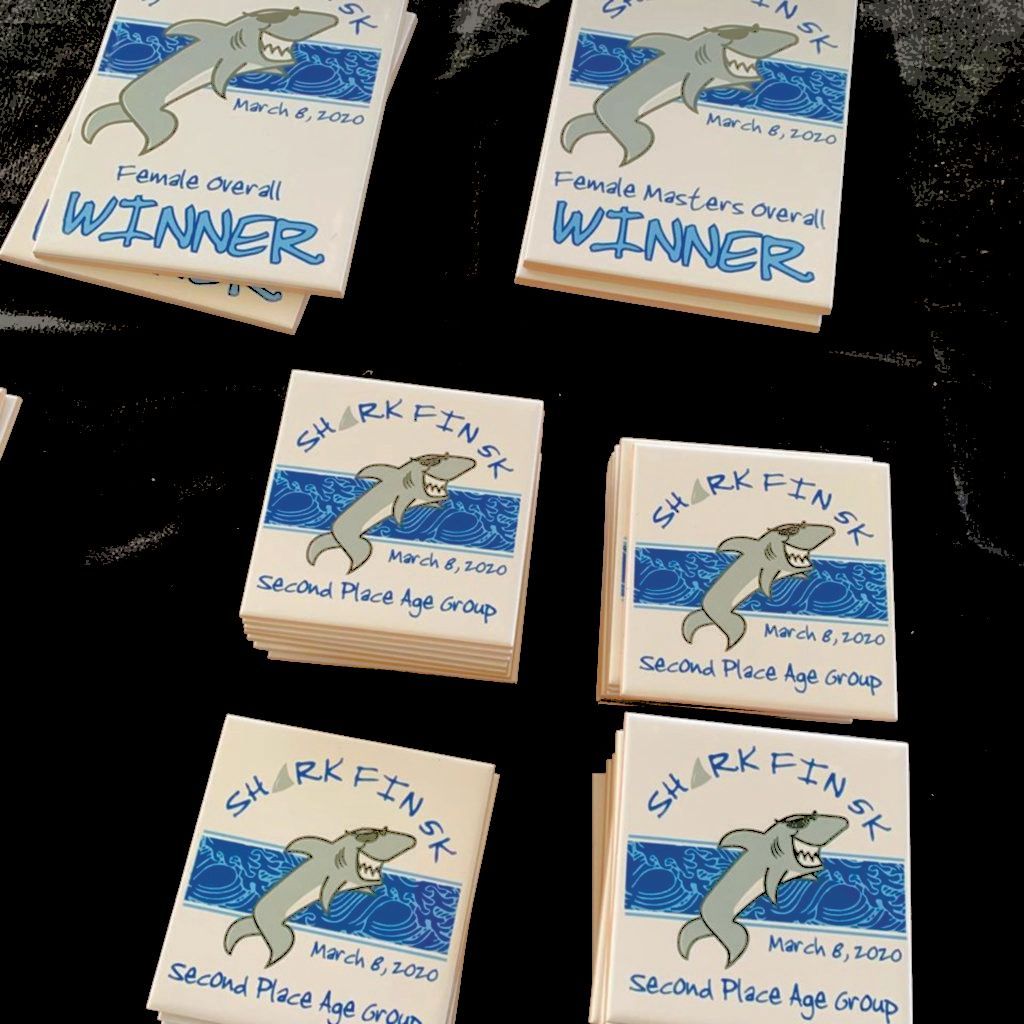 Stack of blue-and-white awards cards with dolphin graphic and 