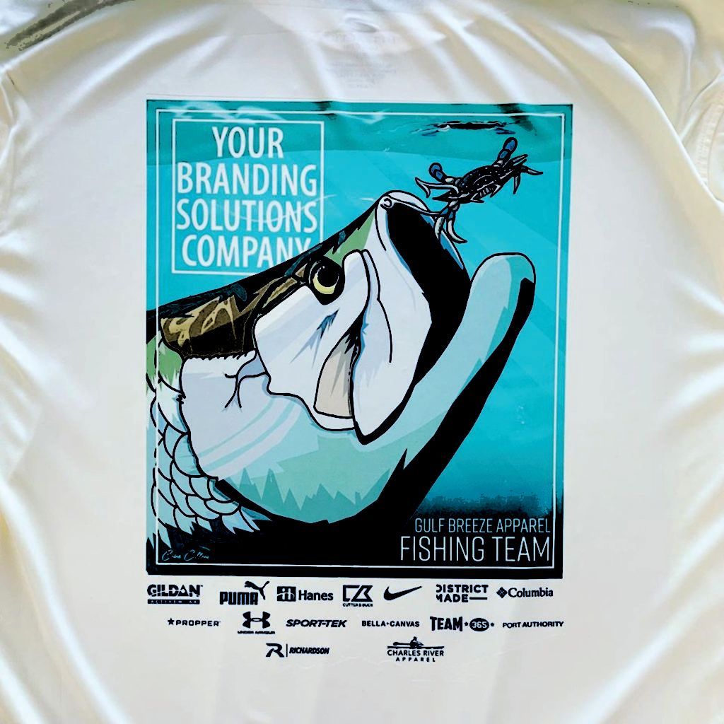 Blue poster of a dog swimming, with “Your branding solutions company” text and sponsor logos.