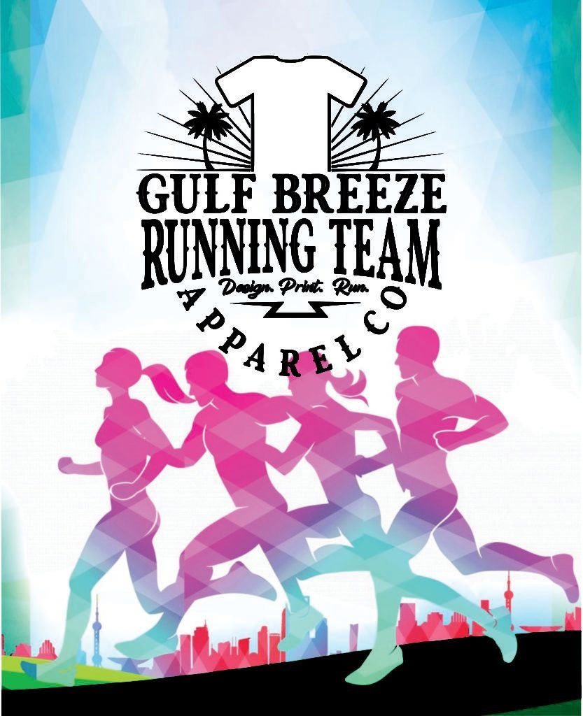 Gulf Breeze Running Team Apparel logo with colorful runners and a shirt silhouette on a blue background