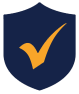 Blue shield with an orange checkmark icon