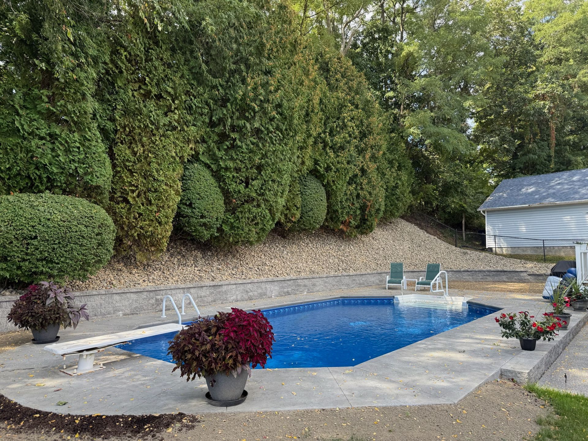 Swimming pool surrounded by concrete, bushes, and a small building with lounge chairs.