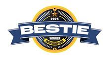 A circular 2025 Bestie Winner award badge with a blue banner across a yellow and black background.