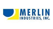 Logo for Merlin Industries, Inc. Blue semicircle and yellow shape beside blue text.