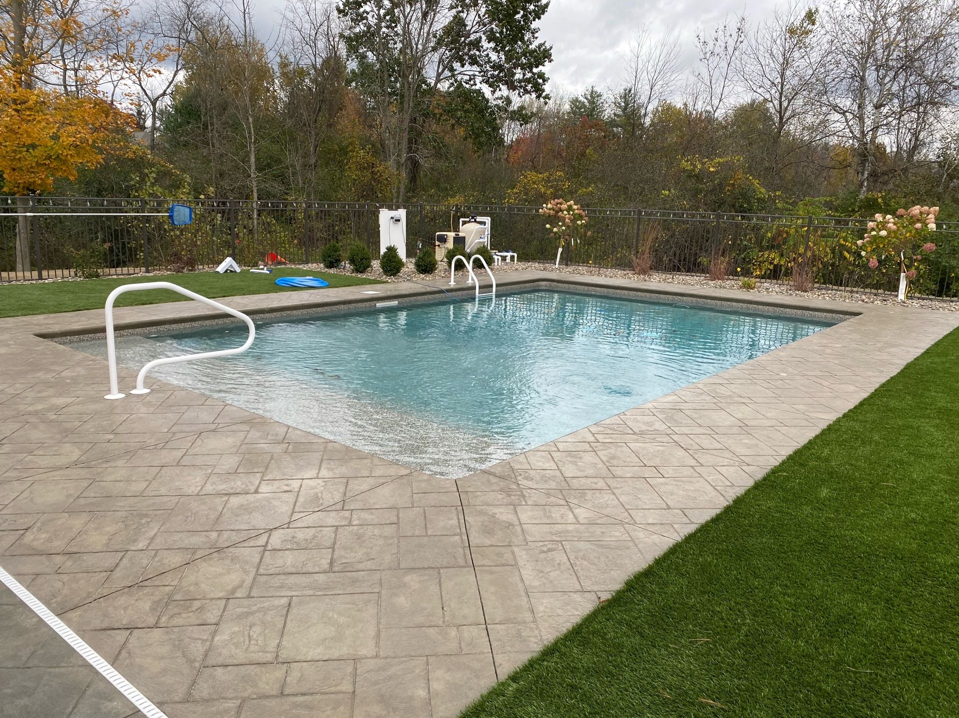 Outdoor swimming pool with stone patio, green grass, and trees in the background on a cloudy day.