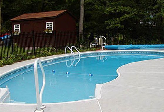 Swimming pool with blue water and silver ladders. Brown shed and trees in background.