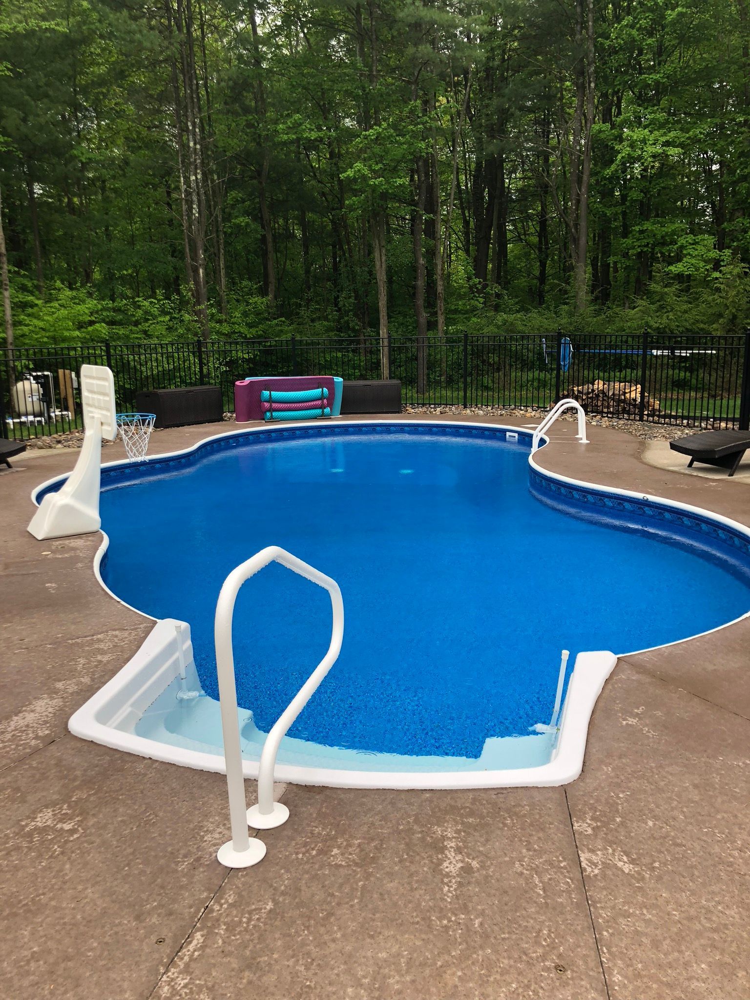 A blue, kidney-shaped swimming pool surrounded by a concrete deck with a forest in the background.