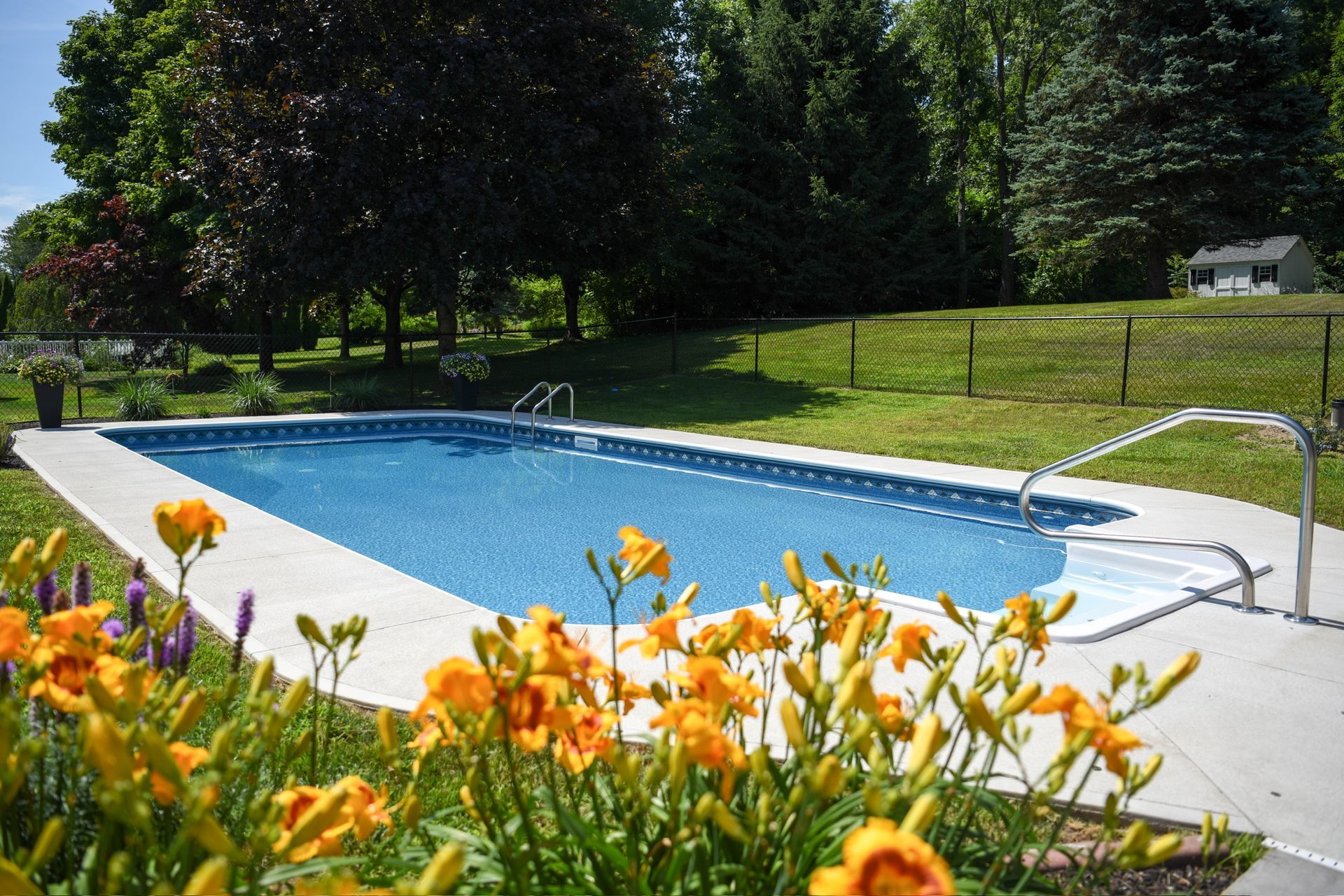 Rectangular pool with blue water surrounded by concrete, yellow flowers, and lush green grass. Trees in the background.