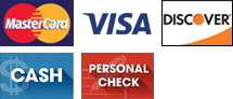 MasterCard, Visa, Discover, Cash, Personal Check