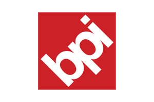White “bpi” logo on a red square background, tilted diagonally.